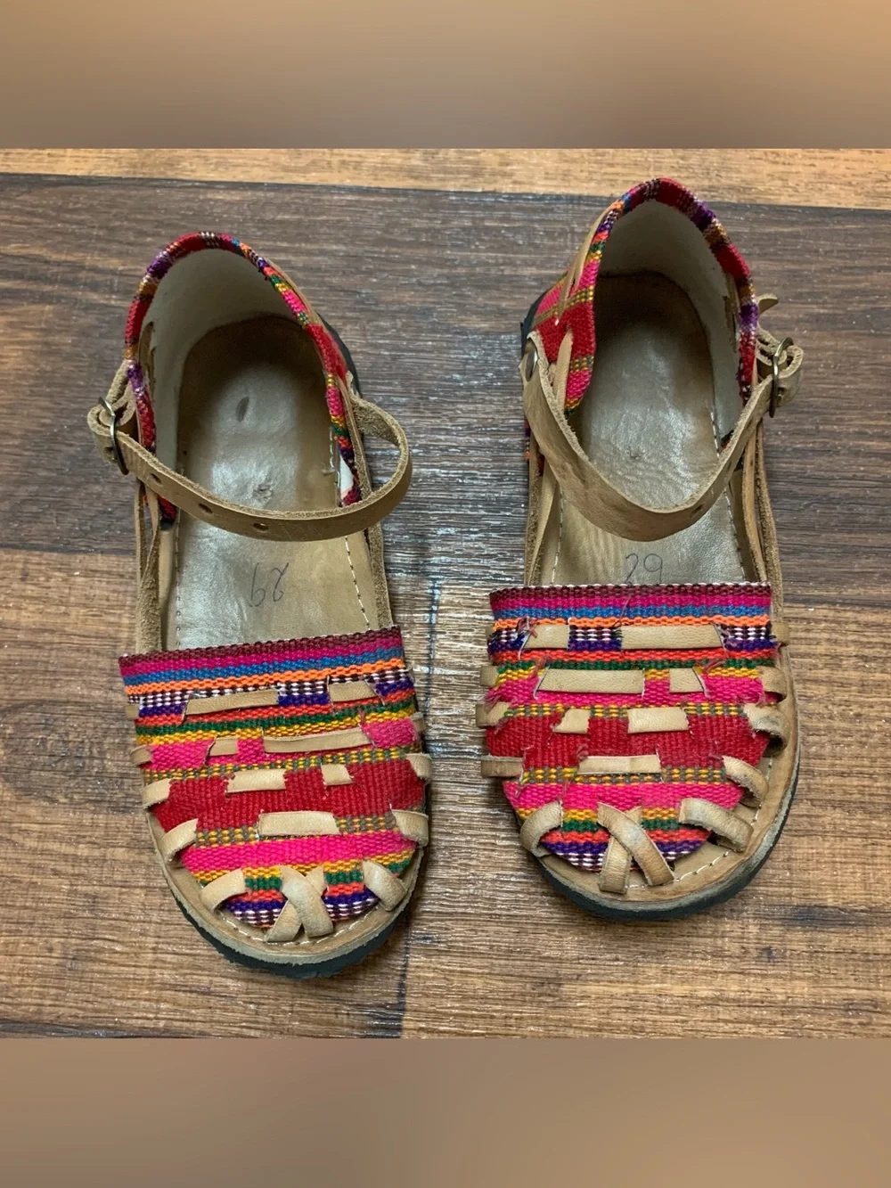 Colorful Woven Leather Mary Jane Sandals Handmade Girls Mexican Sz 29 (11 USA)